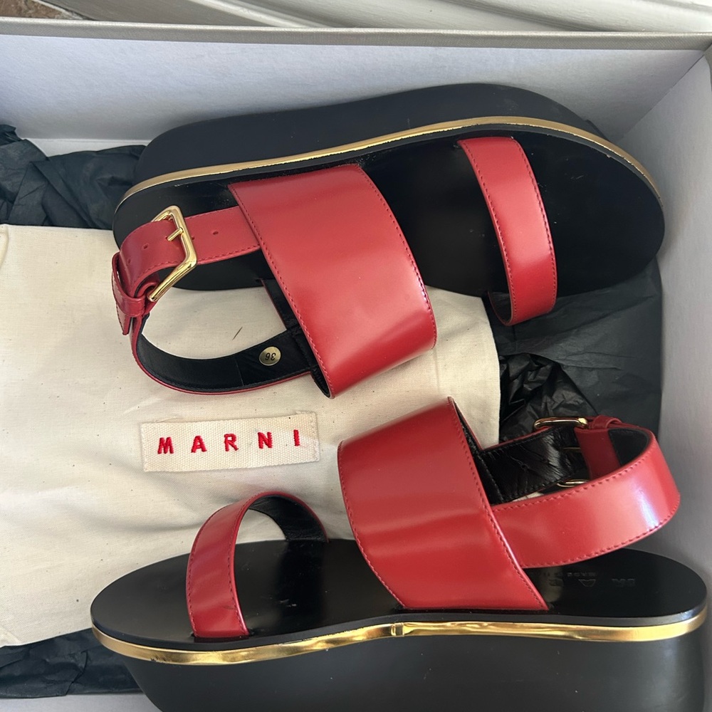 Marni Red Leather Platform Sandals with Gold Trim